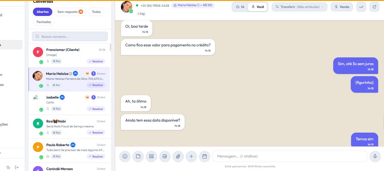 Central de conversas do Orion com atendimento no WhatsApp e botão de venda