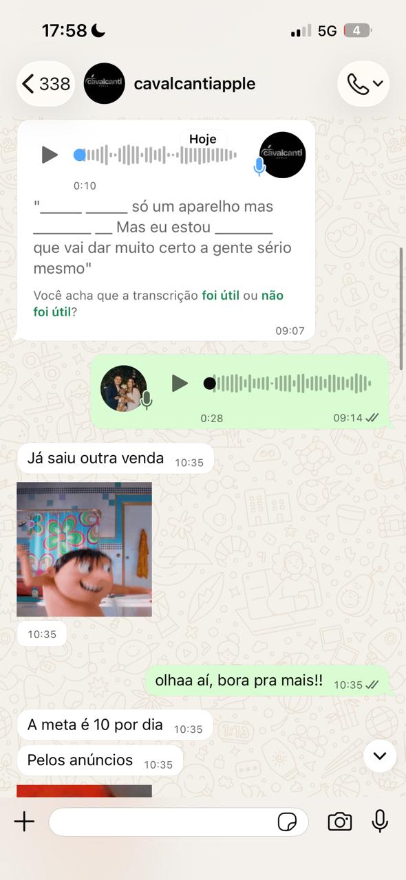 Conversa de WhatsApp com cliente relatando vendas diárias