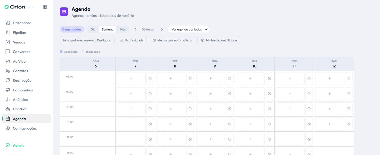 Agenda semanal do Orion com horários disponíveis e bloqueios